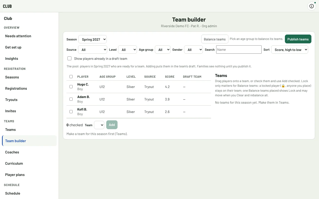 The team builder, with buttons to balance and publish teams.