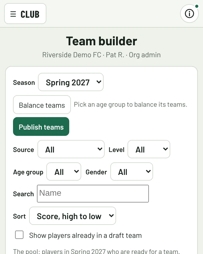 The team builder, with buttons to balance and publish teams.