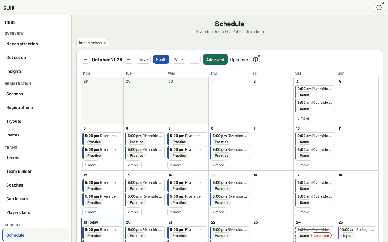 The club calendar: games on fields, by day.
