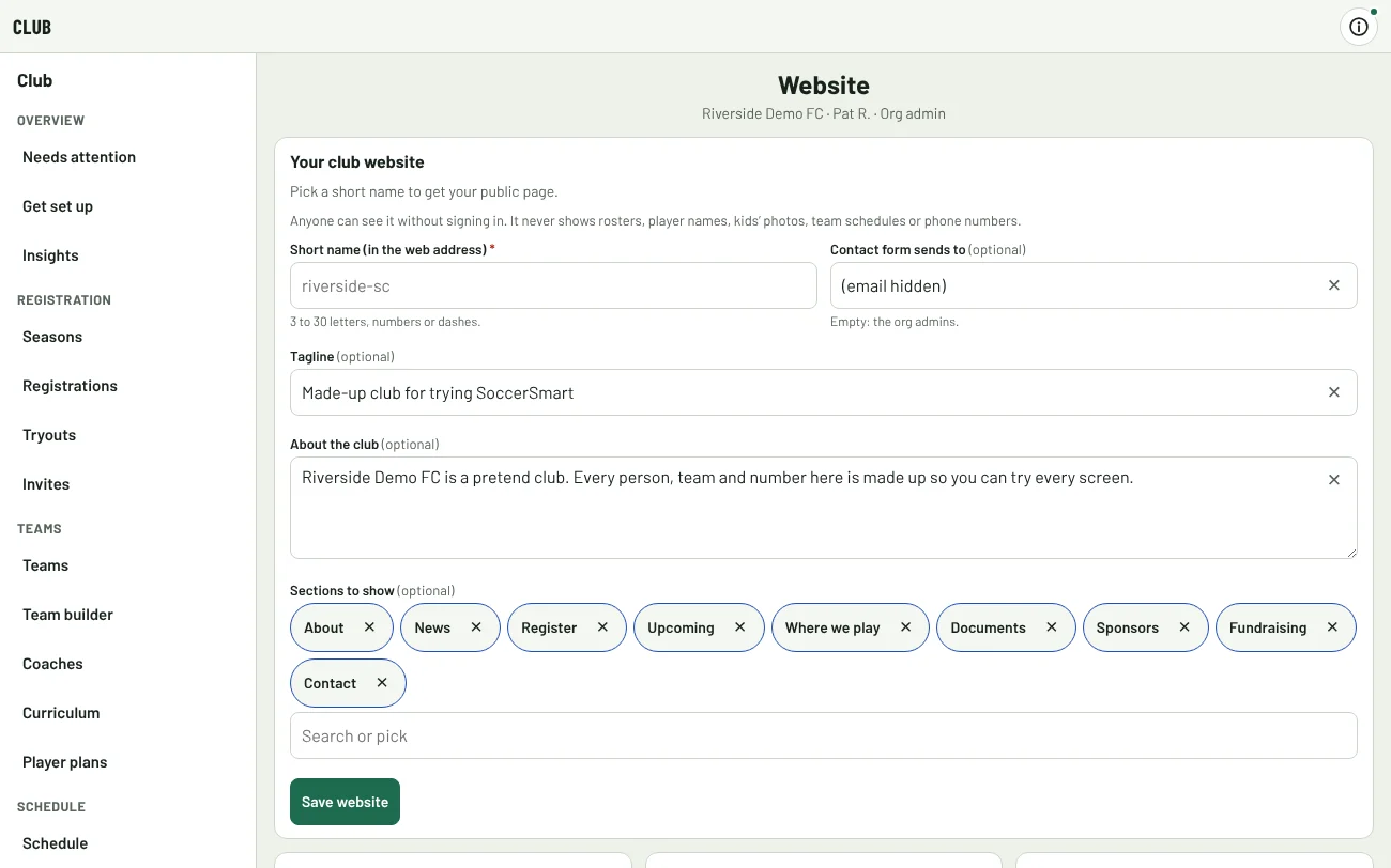 The club website settings: a short name and a contact email.