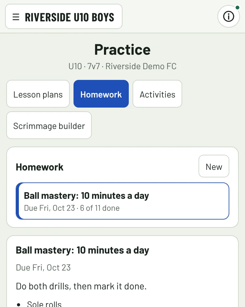Homework: a ball mastery drill and how many players finished it.