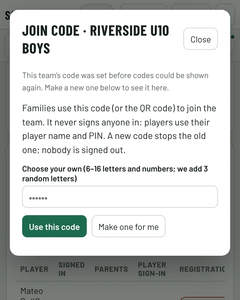 The join code window, with a button to make a new code.