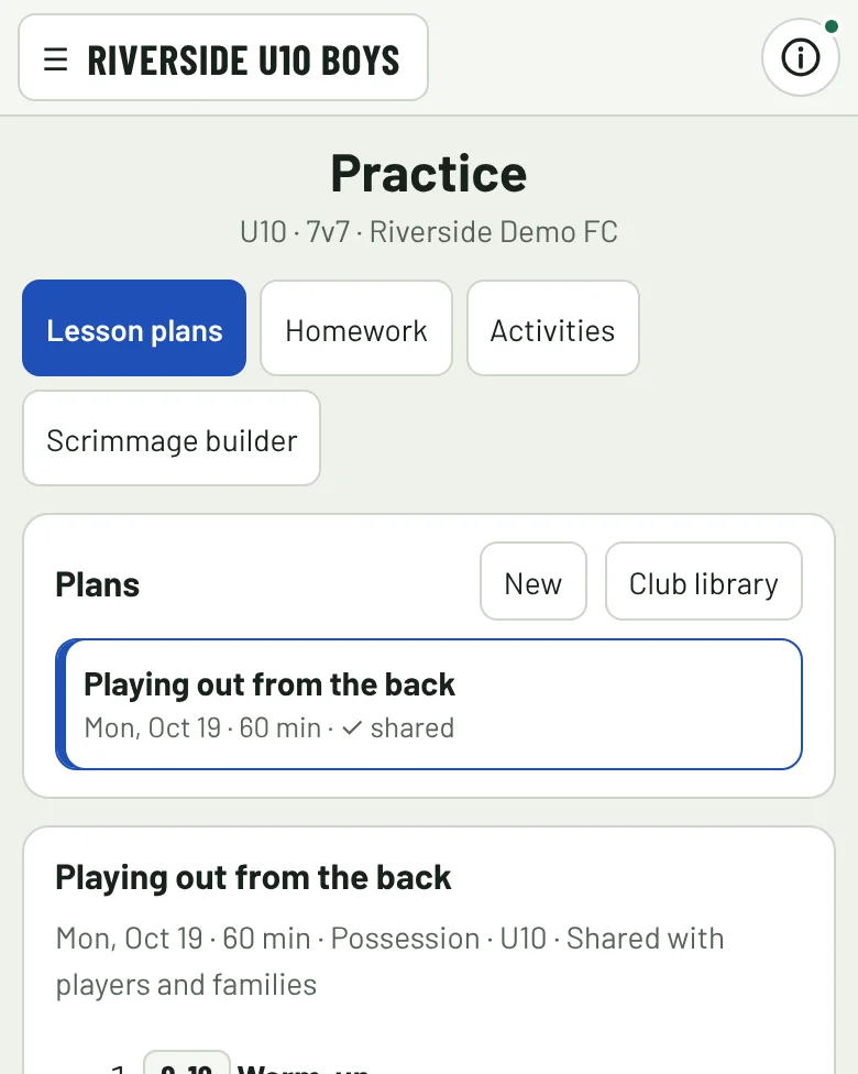 The practice plans list, with a plan for Monday.