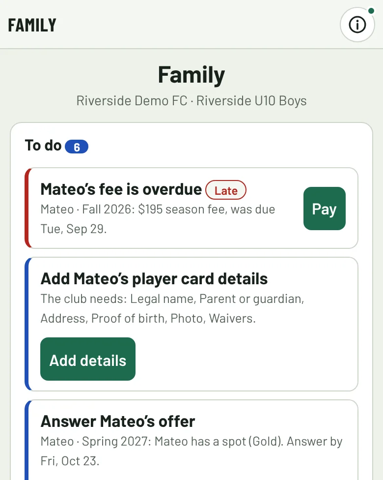 The family page with a season fee that is due and a Pay button.