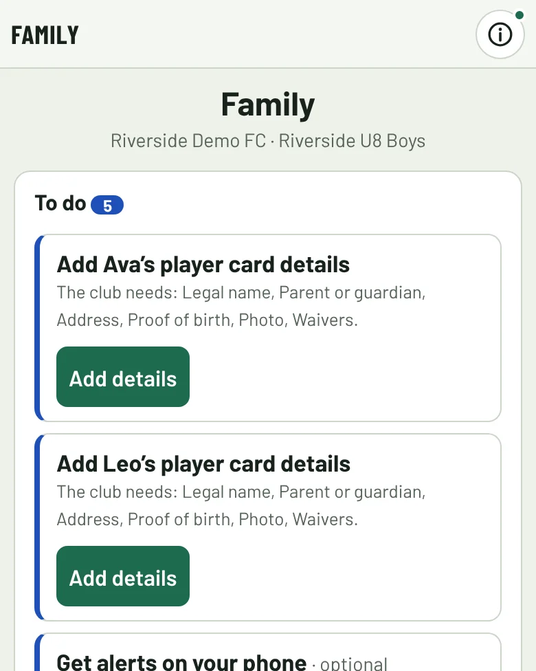 The family page: a to-do list with player card details to add.