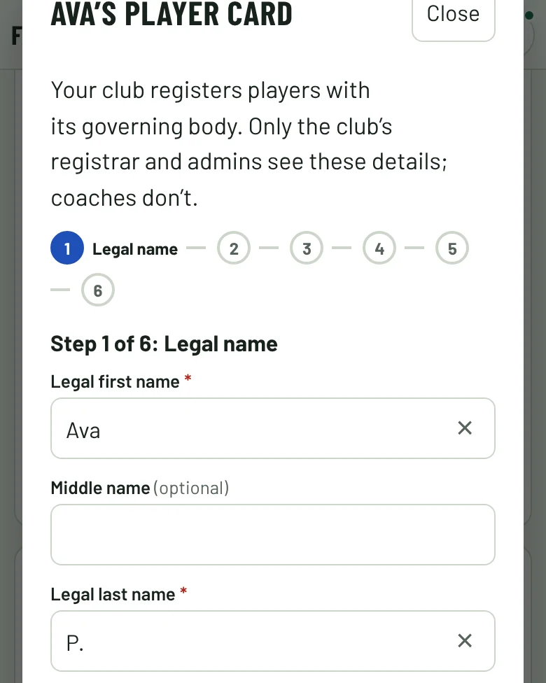 A registration form: step 1 of 6, the player’s legal name.