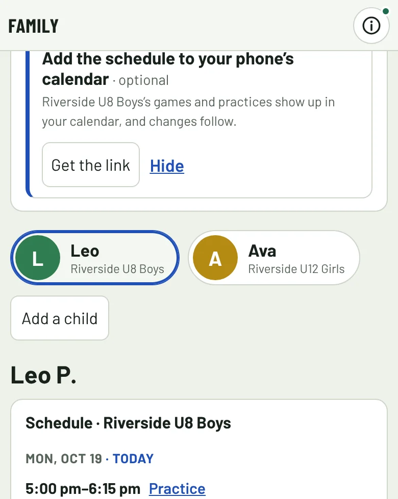 A player’s team schedule, with the next practice.
