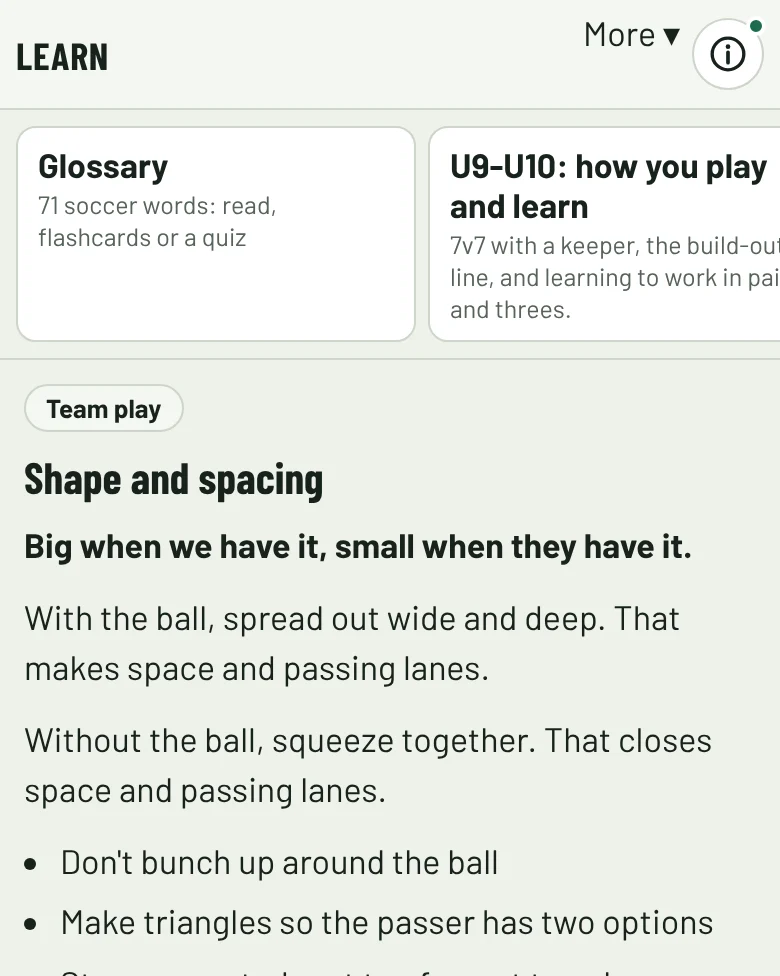 A Learn page about team shape, with a picture of a formation.
