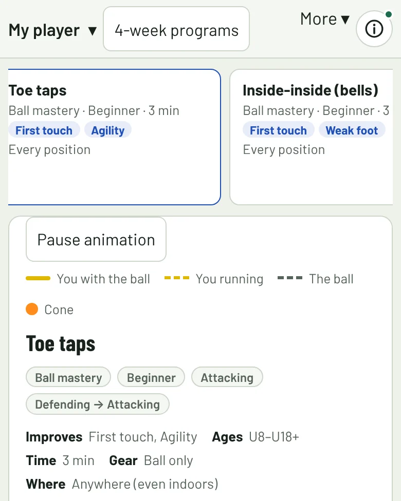 A drill card: a moving picture of the drill, its steps and a timer.