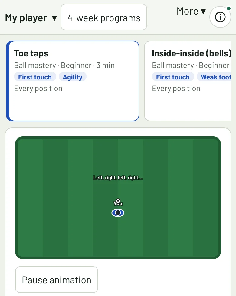 The Skills screen: filters for position, age and time, and a list of drills.